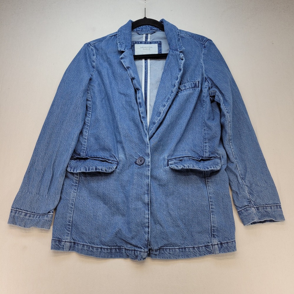 American Eagle Denim Blazer Womens Small Blue Jacket Single Button Flap Pockets